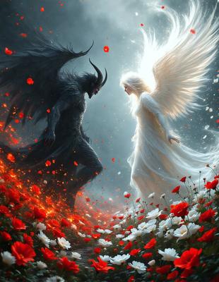 The primary subject of the image is a beautiful angel, who is standing in a field of red flowers. The setting is a dark, moody environment, with the angel and the demon facing each other. The visual style is a digital art, with the angel and demon depicted as characters in a fantasy scene. The colors and mood of the image are dominated by the red flowers, creating a sense of danger and tension between the two characters.